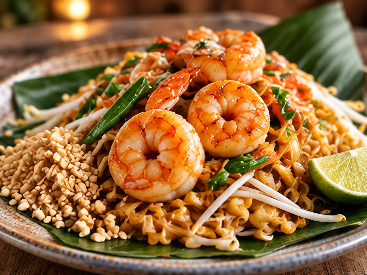Pad Thai with shrimp, rice noodles, bean sprouts, scallions, peanuts, and lime